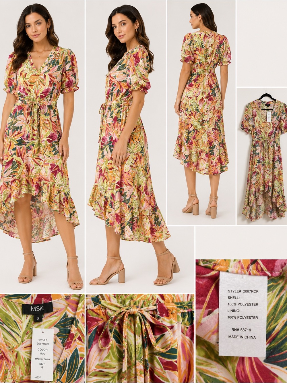 MSK Tropical Leaf High-Low Wrap Dress in Pink, Green & Cream